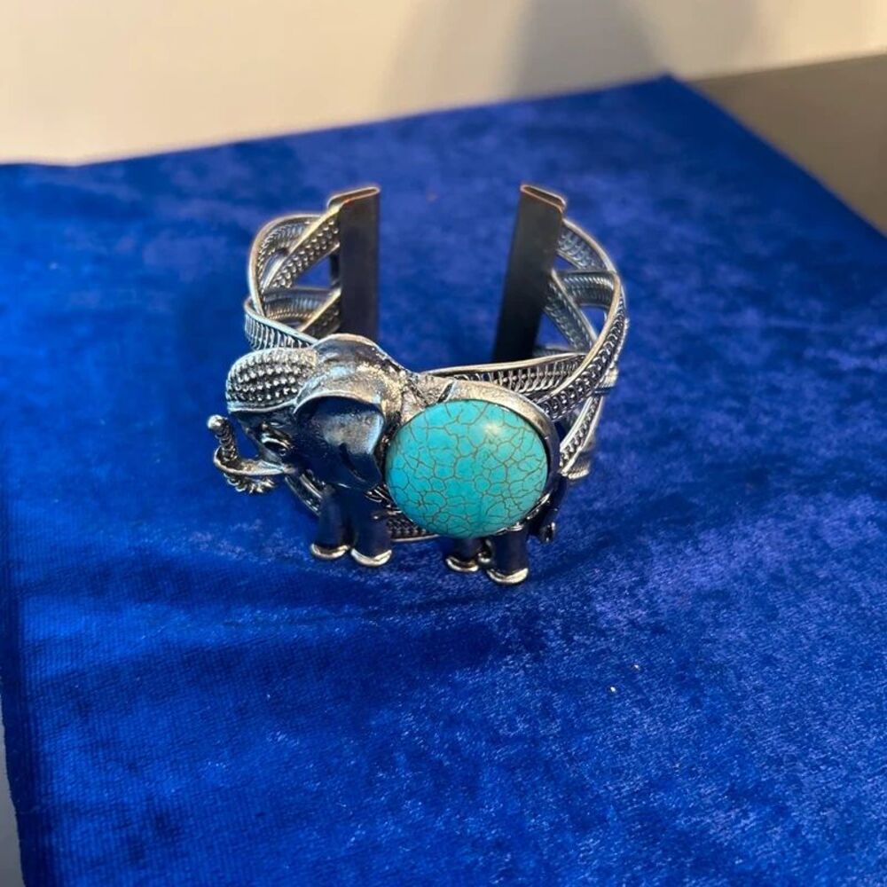 Silver Tone Elephant Cuff Bracelet with Simulated Turquoise Stone